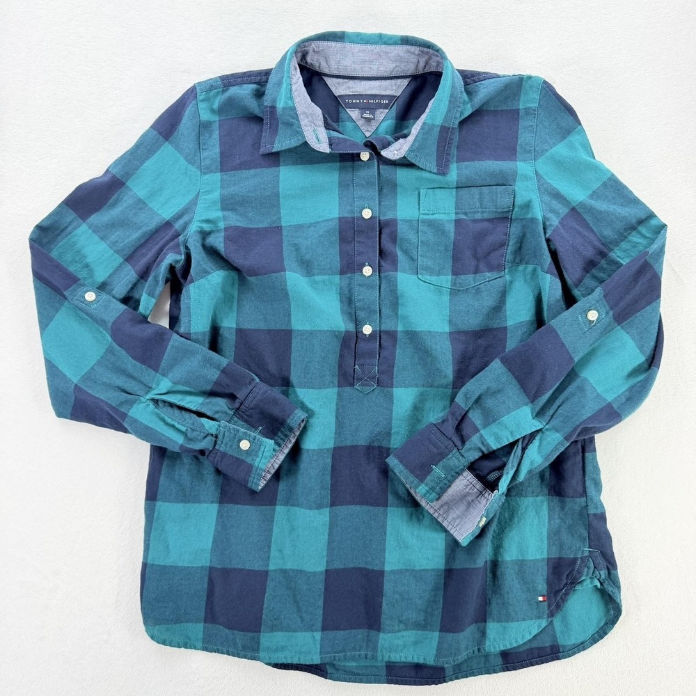 Tommy Hilfiger Popover Shirt Womens Medium Green Plaid Excellent Buffalo Flannel
